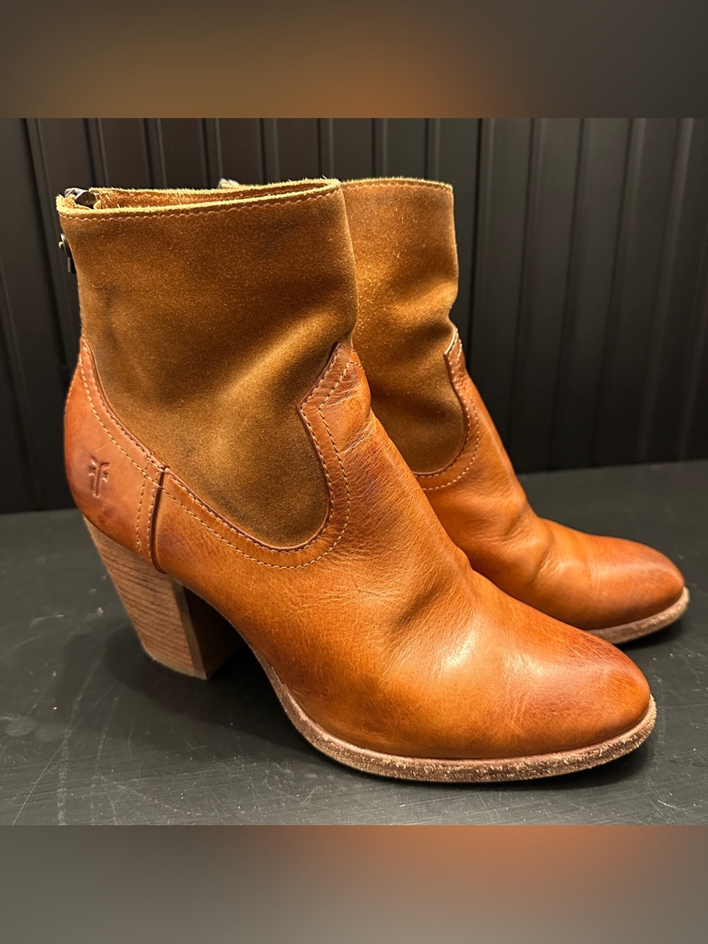 Frye Cognac Leather & Suede Ankle Booties Sz 7